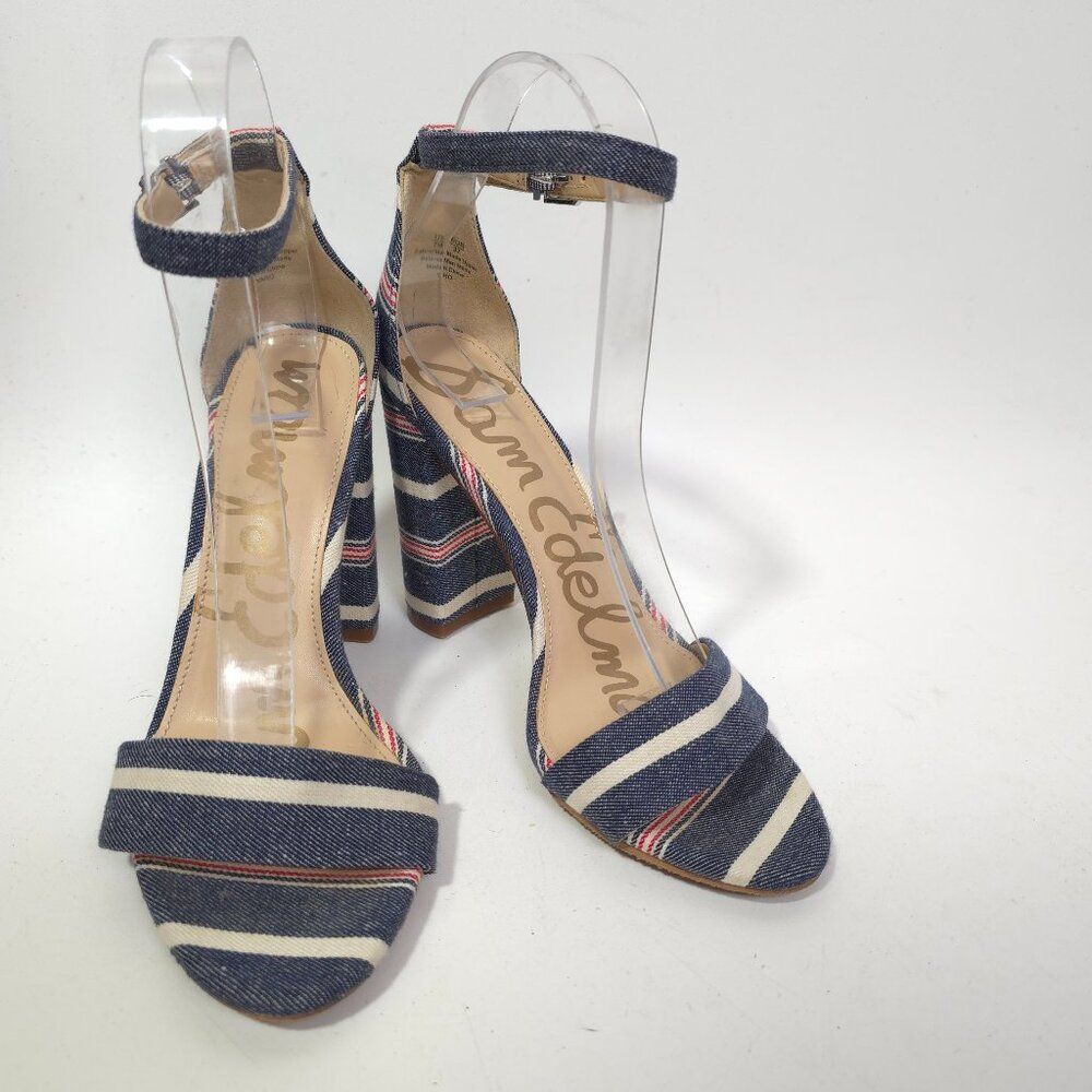 Sam Edelman Susie Stripe Denim Block Heel Sandals Womens Ankle Strap Size 7 Shoe - Picture 2 of 8